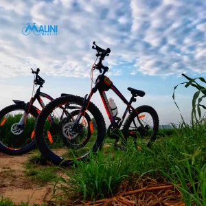Bici MTB su prato con cielo nuvoloso, due biciclette pronte per escursione fuori città