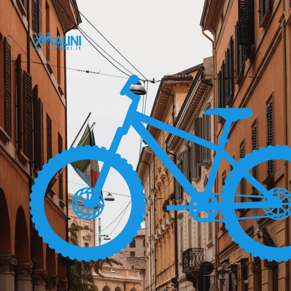 Strada del centro storico di Bologna con illustrazione grafica di una bicicletta in primo piano tra i palazzi cittadini.