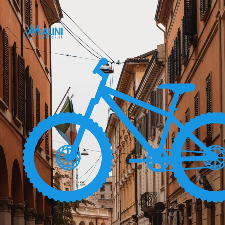 Strada del centro storico di Bologna con illustrazione grafica di una bicicletta in primo piano tra i palazzi cittadini.